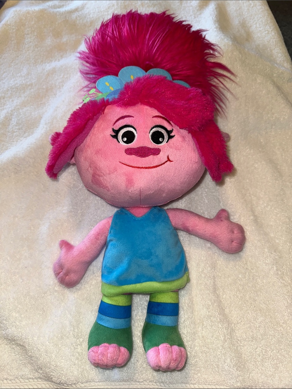 Dreamworks Pink Plush Troll with Bright Pink Hair and Blue Outfit